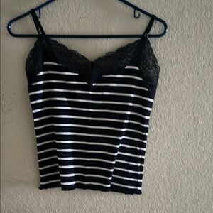 Lauren Ralph Lauren Black and White Striped Cami with Lace